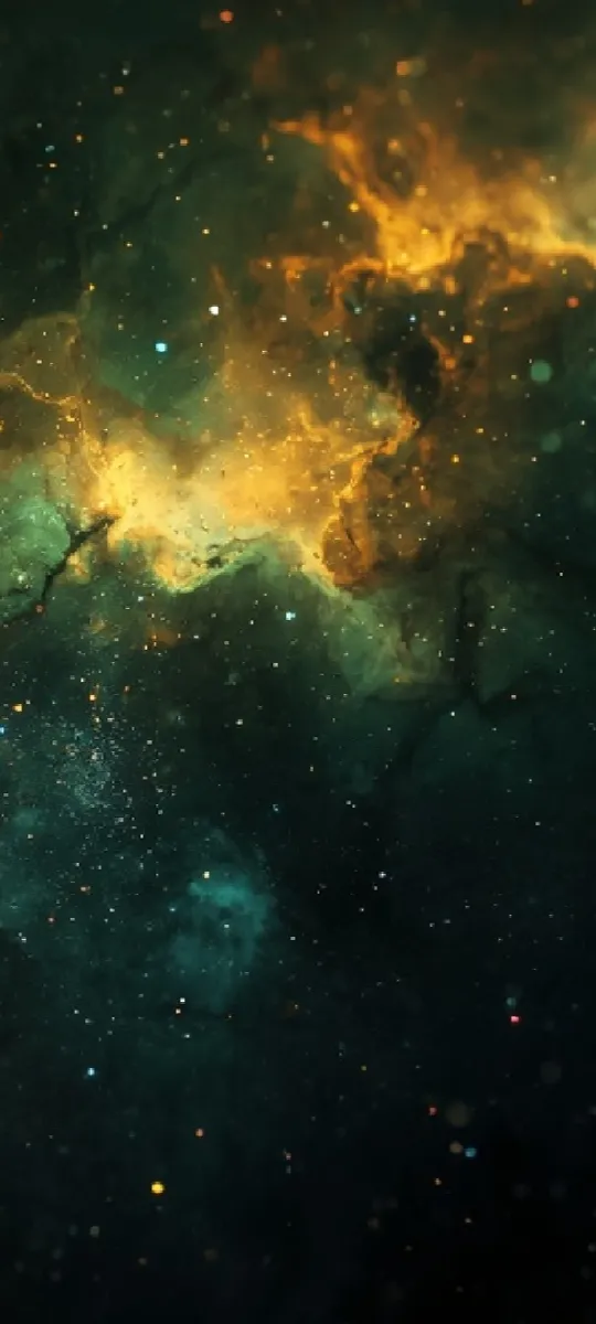 Golden-green interstellar stardust cloud mobile wallpaper